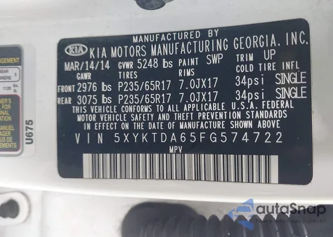 2015 Kia Sorento Lx from USA, damaged, VIN 5XYKTDA65FG574722